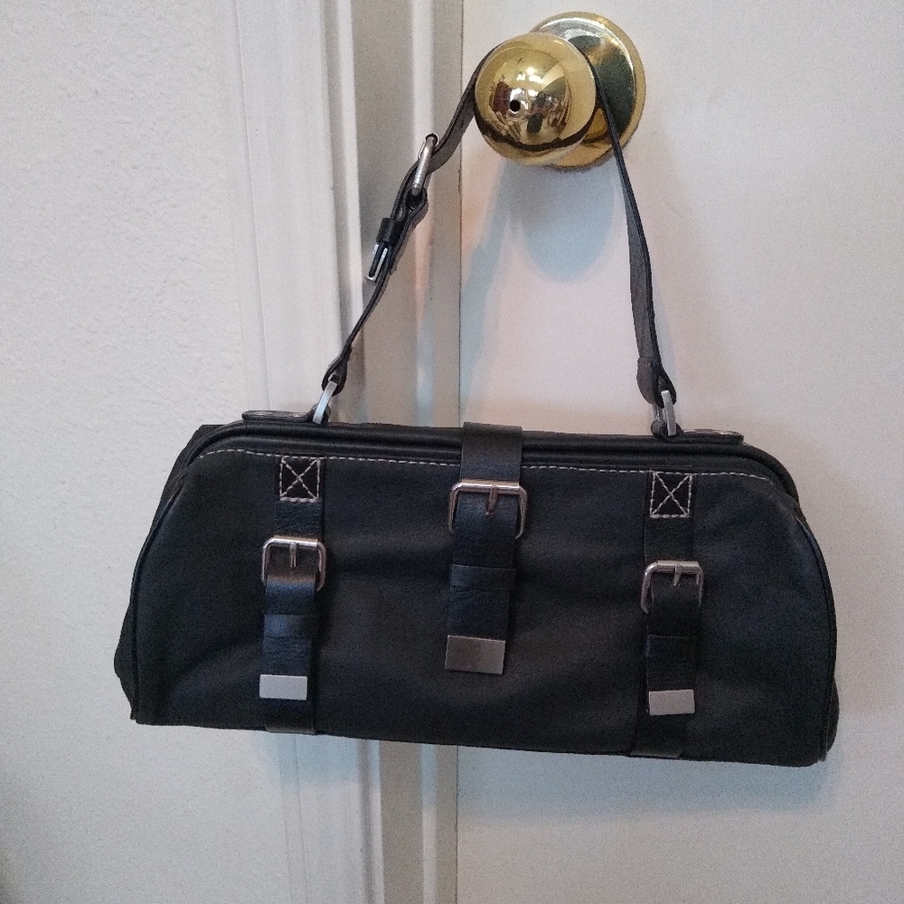 Cynthia Rowley vintage black leather utility bag with buckles